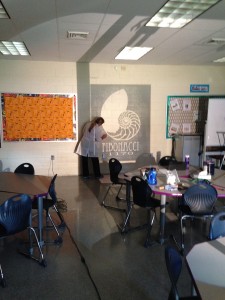 Mrs. Jordan working on the Fibonacci graphic.